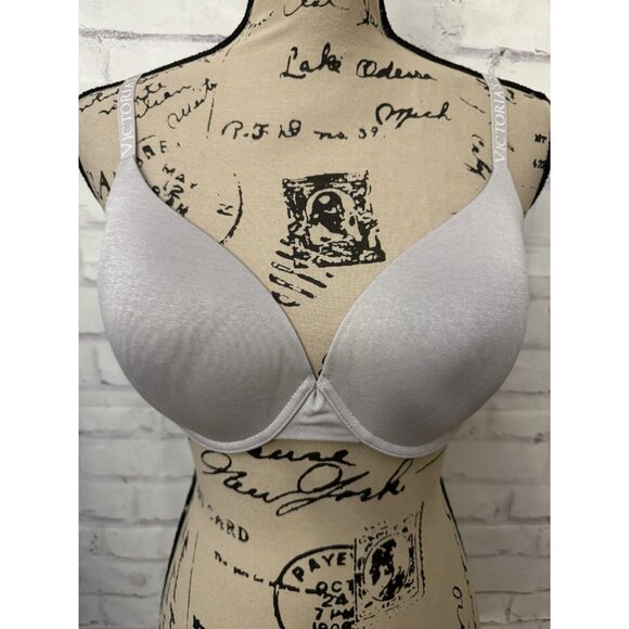Victoria’s Secret Bra T Shirt Lightly Lined Demi Size 34DD Gray Logo Convertible - Picture 1 of 10